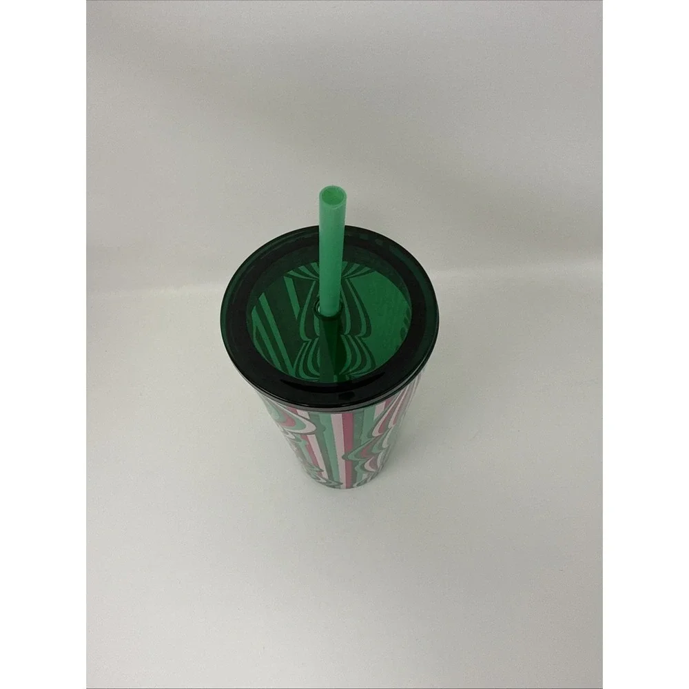 Starbucks 2024 Holiday Pink/Green Design 18oz Glass Tumbler Cold Cup New W/Straw